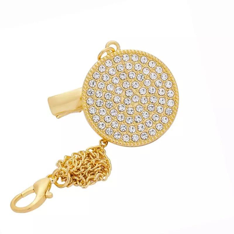 Prendedor de chupeta dourada com strass/ corrente dourada de chupeta
