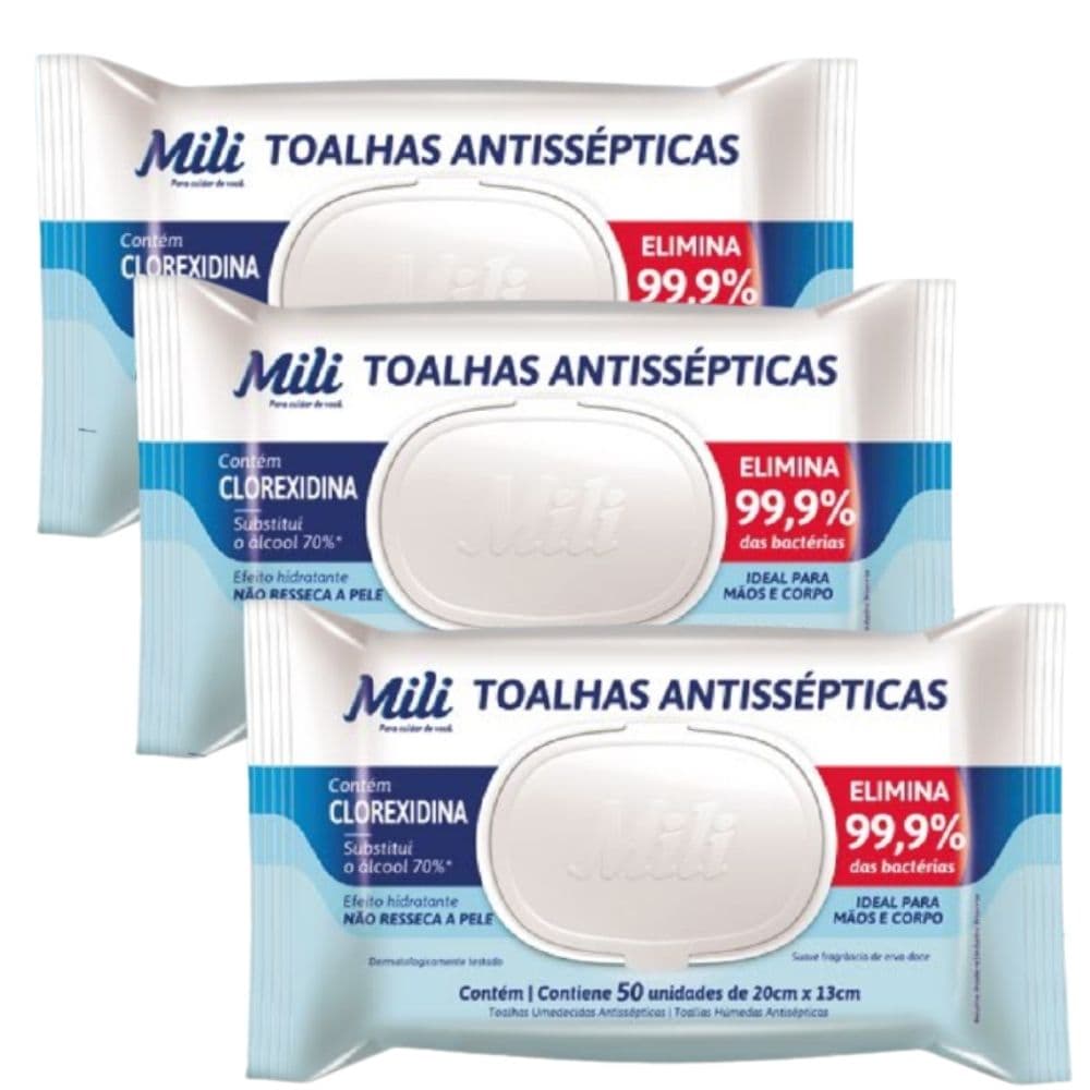 Lenço Umedecido ou Toalhas Antissépticas Mili  3 pacotes com 50 (Total: 150 toalhas)