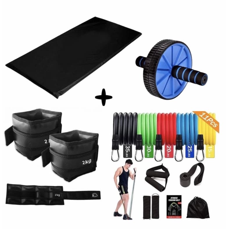 Kit Treino de Malhação Academia Em Casa Roda+Colchonete+Tornozeleira+Kit de 11