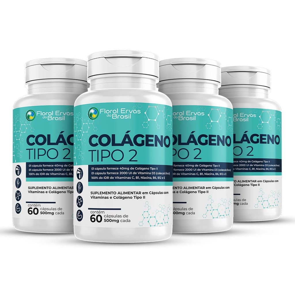 Colágeno Tipo 2 I I 4x 60 Cáp com Vitamina C E B1 B6 B12 e Vitamina D3 2.000UI por cáp