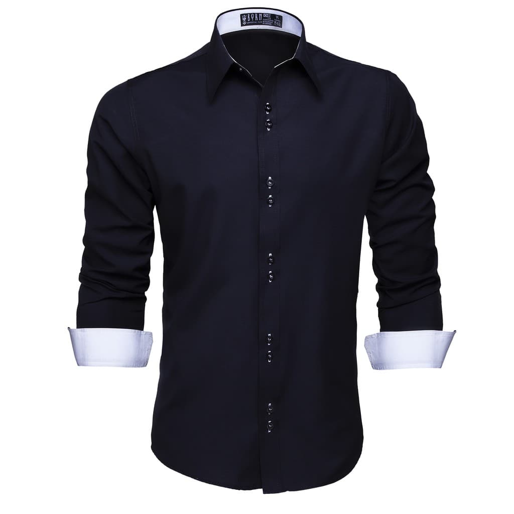 Camisa Social Masculina Slim Manga Longa Preta com Detalhes Brancos Fácil de Passar