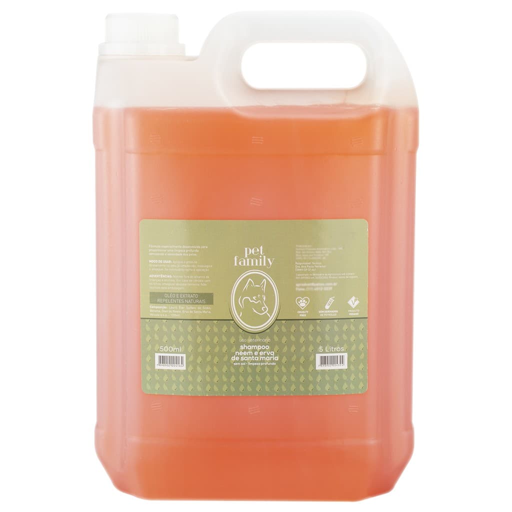 Shampoo Pet Family Repelente Natural À Insetos Para Cães e Gatos 5 Lts Banho Profissional Óleo Neem