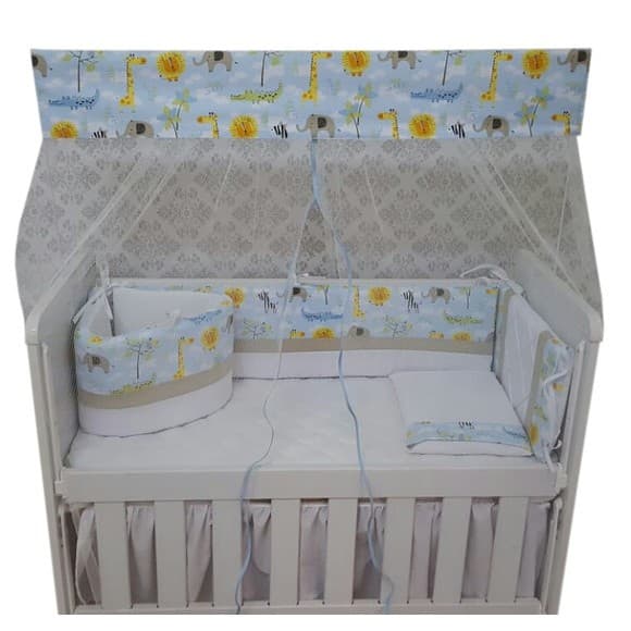 Kit para Mini Berço com Mosquiteiro Bando Bebe Menino Azul bebe Safari Selva 6pçs Protetor para Mini Berço Azul bebe Safari