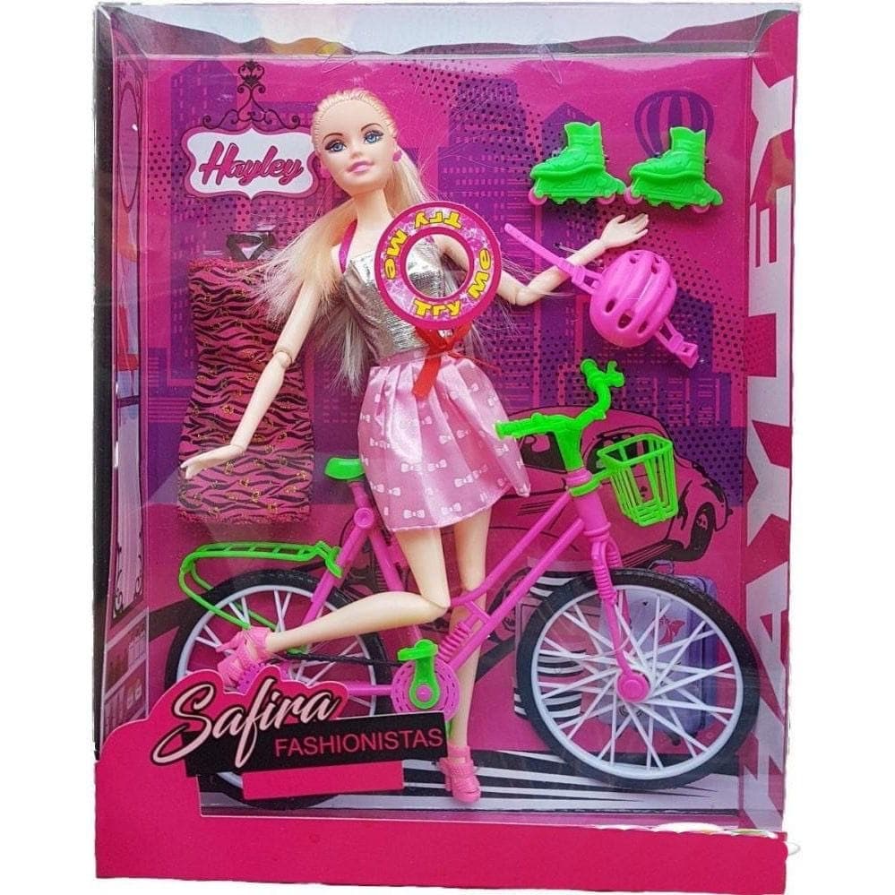 Boneca ciclista Brinquedo articulado com Bicicleta e acessórios diversos