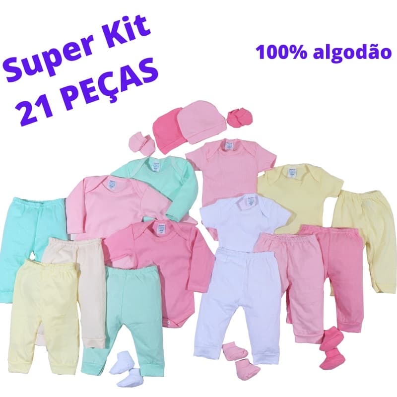 Kit Enxoval 21 Peças Maternidade Roupa De Bebê Body Calça Touca Meia Luva Completo