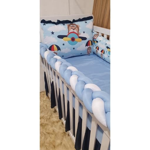 Kit Berço 9 Peças Trançado Luxo Urso Aviador Azul bebê para berço padrão americano
