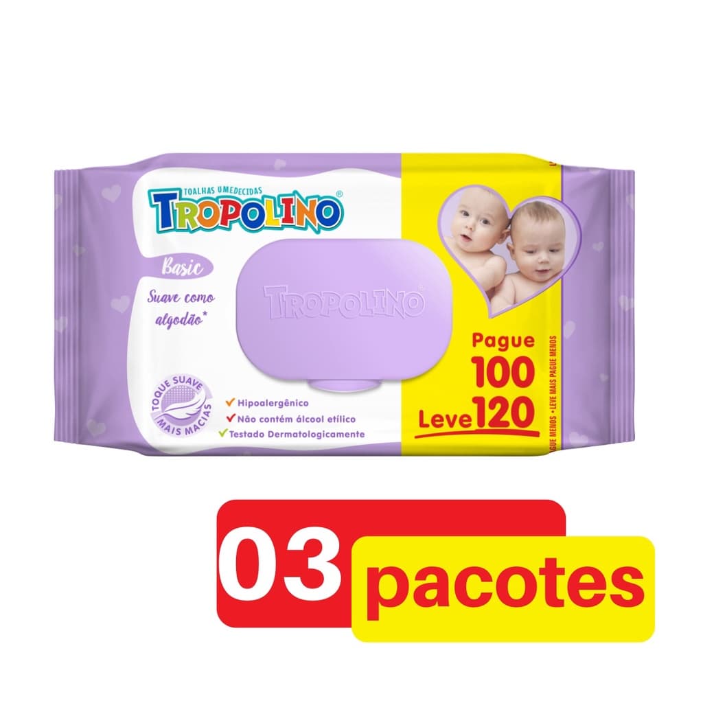 Toalhinhas umedecidas Tropolino  03 pacotes