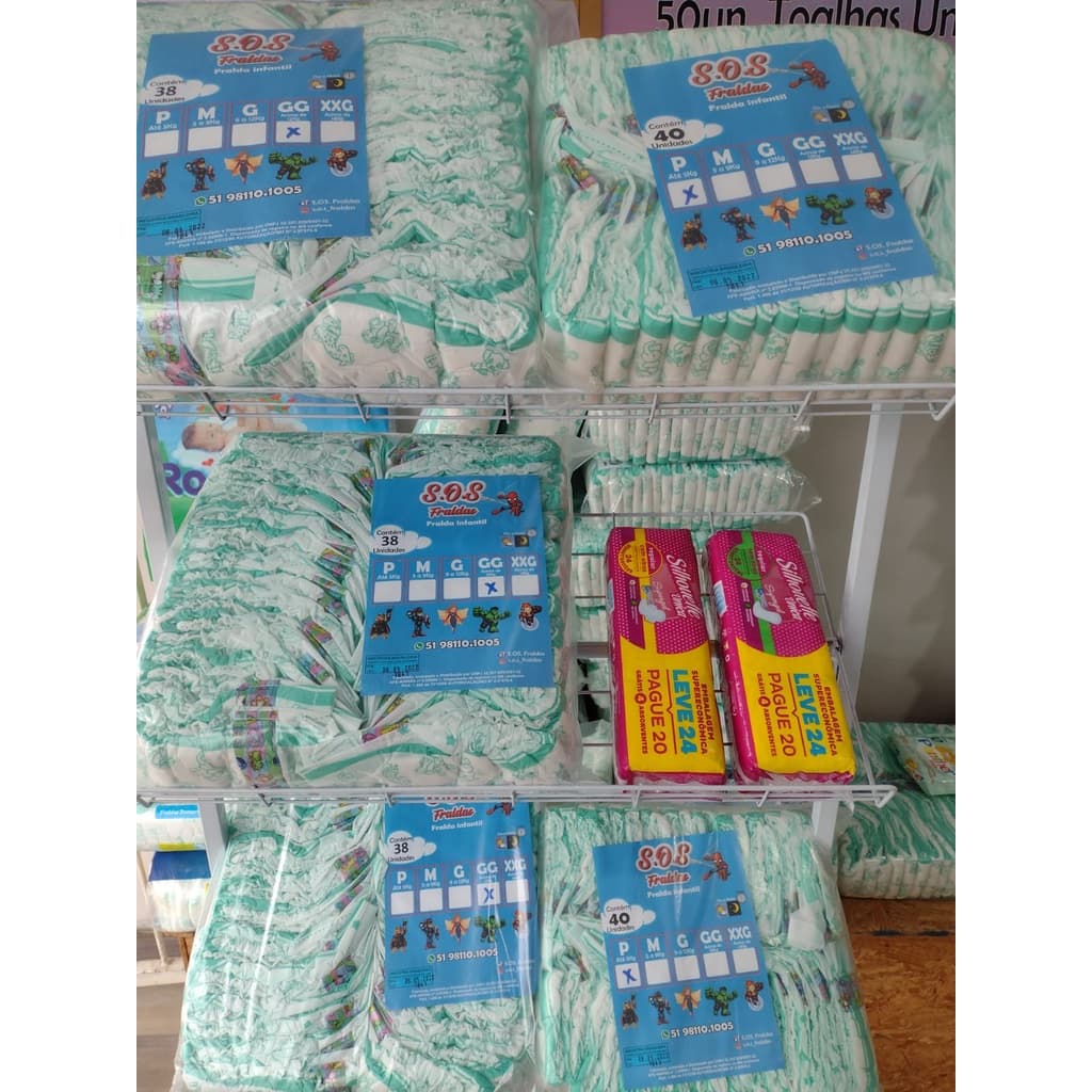 5 Pacotões Fraldas Infantil  P (200 un)/M (200 un)/G (200 un)/GG (190 un)/XXG (180 un ) + 24 un Absorventes Femininos