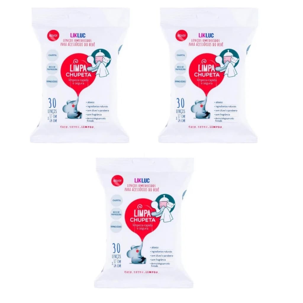 KIT 3 Limpa Chupeta Bico Lenços Higienizadores umedecido Likluc Bebê Infantil Portátil Premium
