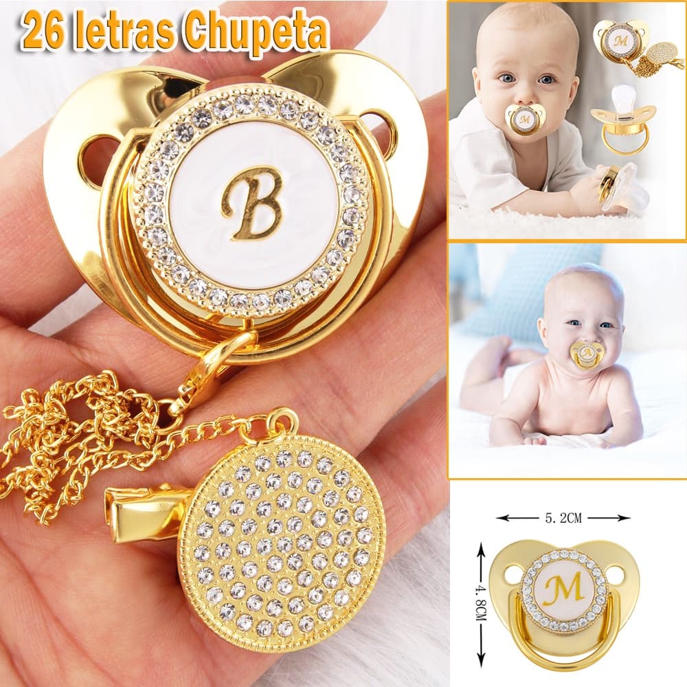 Nome Letra inicial Chupeta e clipes para chupeta de bebê de silicone grátis Bpa Bico de bebê de silicone dourado para recém-nascido A-Z
