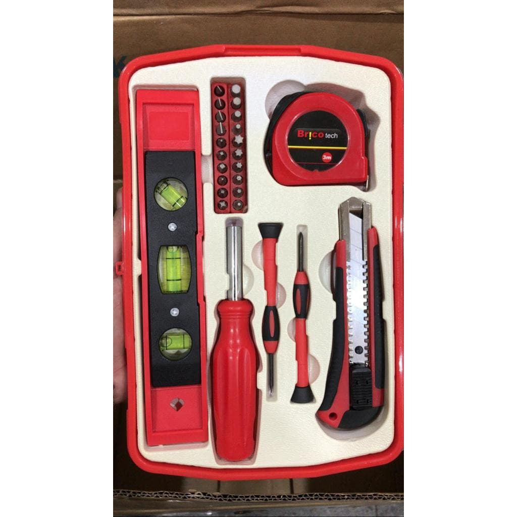 Kit de Ferramentas Profissional com 26 peças + Maleta Organizadora = Estilete + Metro Guia + Nível Nivelador + KIT MINI BITS CHAVE FENDA PHILIPS = COMPLETO = FOTO REAL DO PRODUTO