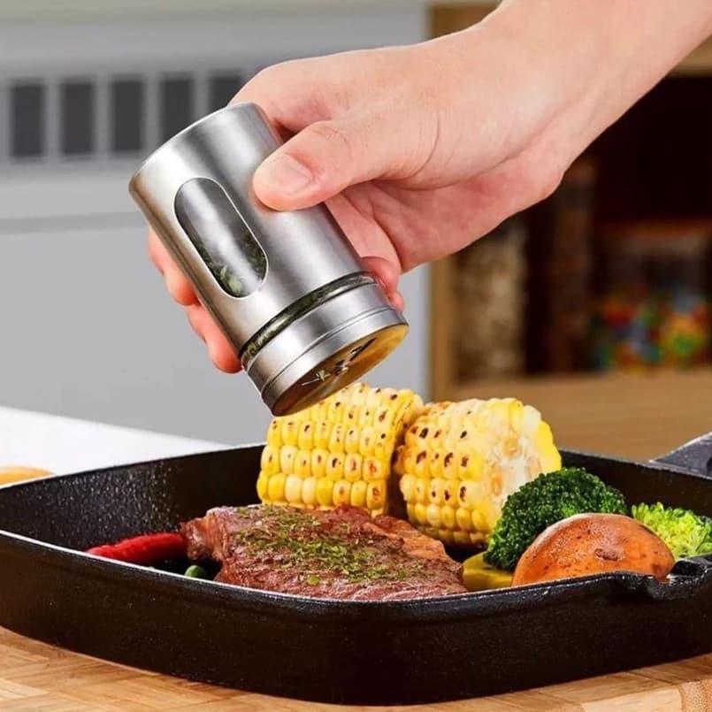 Porta Condimentos Tempero Aço Inox e Vidro Tampa Saleiro Pimenteiro