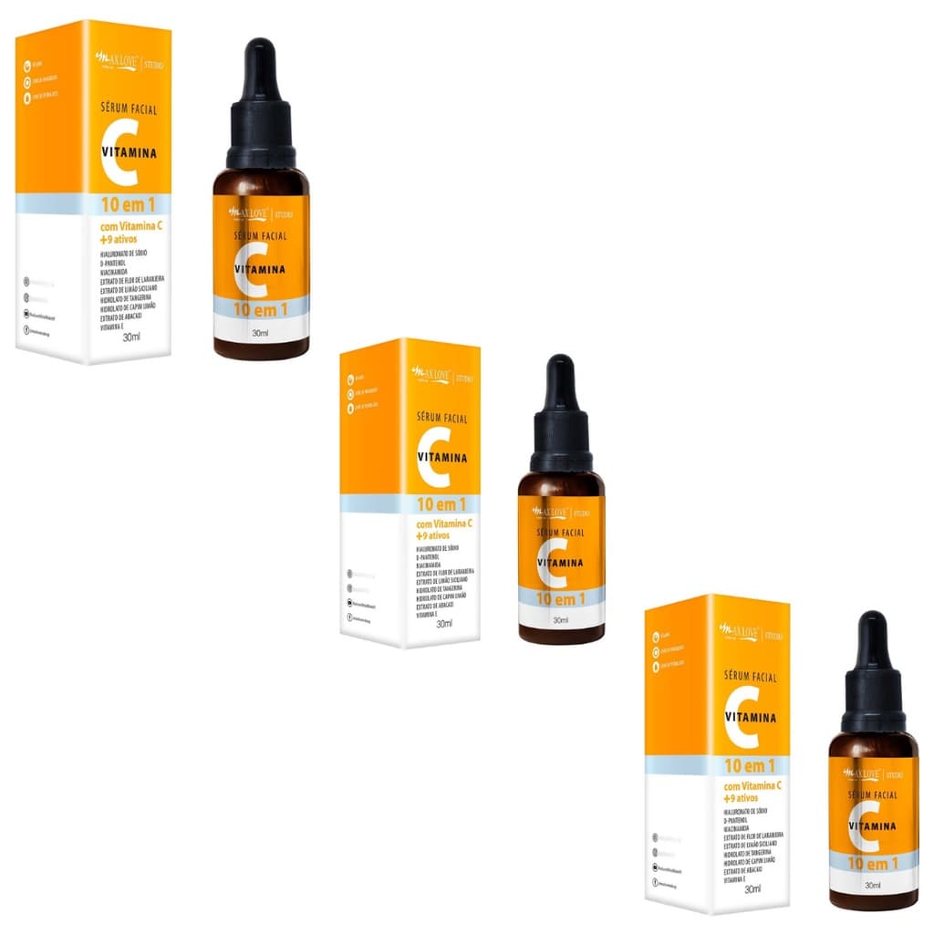 kit com 3 séruns vitamina c + 9 Ativos Anti-idade- Max Love