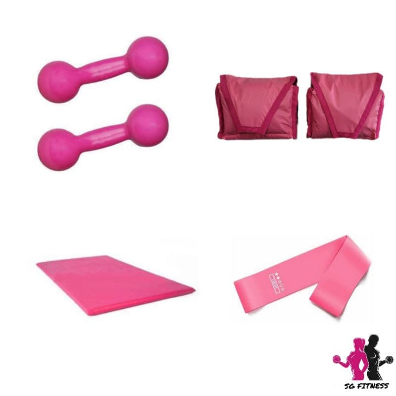 Treino Academia Aeróbico Completo Par Peso Halter 2 Kg Rosa + Par Caneleira 2 Kg Rosa + Colchonete + Elástico Theraband