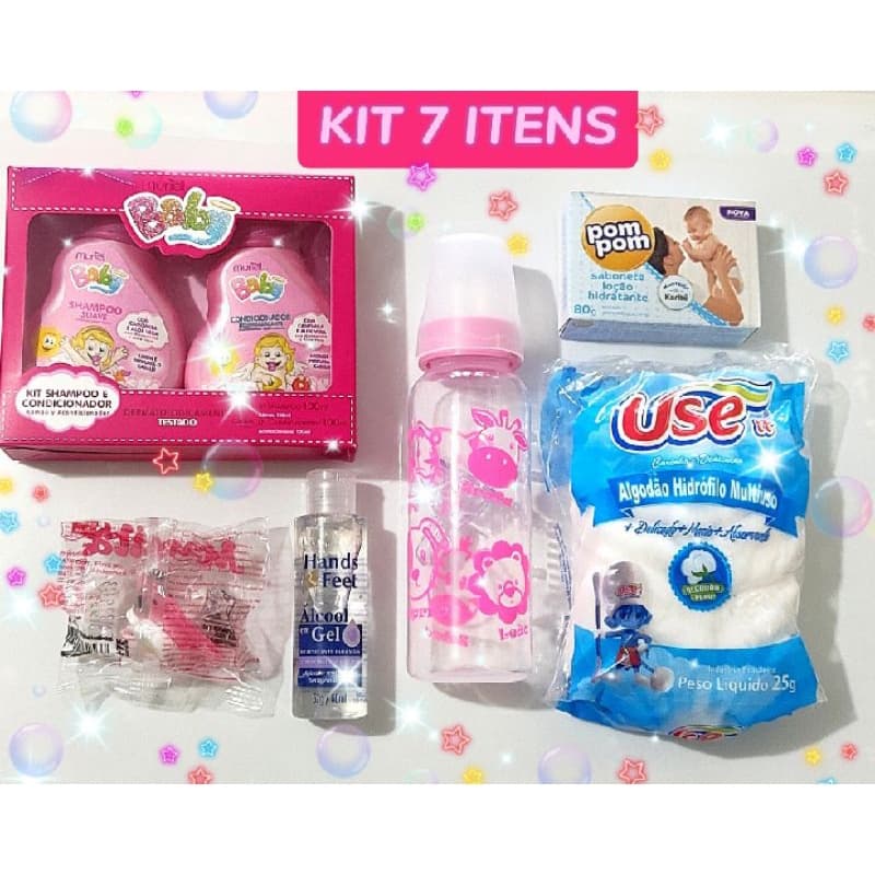 Shampoo + condicionador Muriel Kit bebê 7 itens essenciais mamadeira Petita menina menino higiene alimentação do bebê presente maternidade