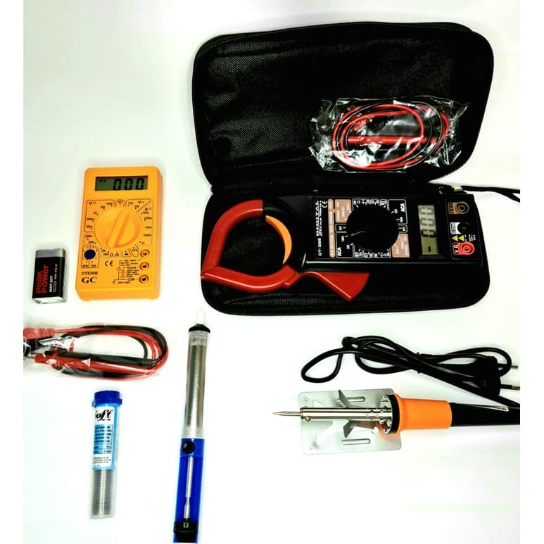KIT DE ALICATE AMPERÍMETRO/FERRO SOLDA 40w110/MULTÍMETRO DIGITAL/SUGADOR/ESTANHO