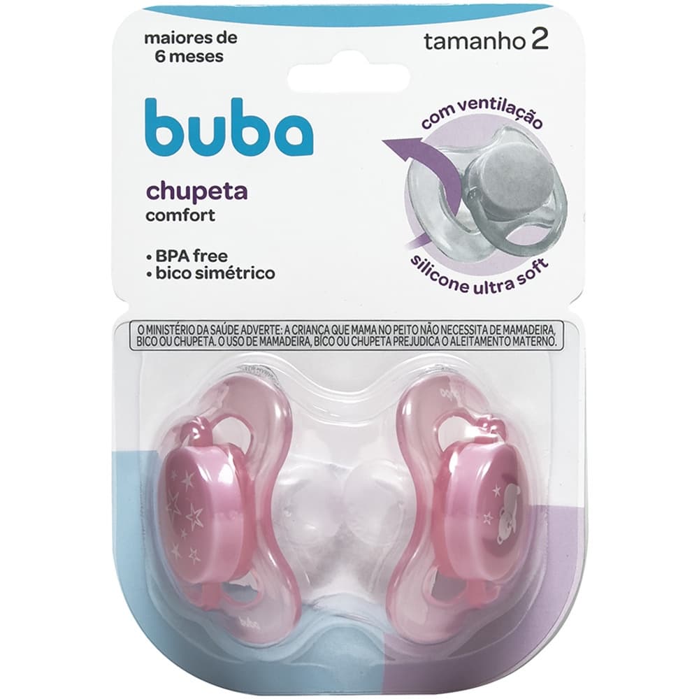 Kit 2 Chupetas Bebe Comfort Ursinho Bico Silicone +6 Meses 12670 Rosa Buba  Fase 2 Menina