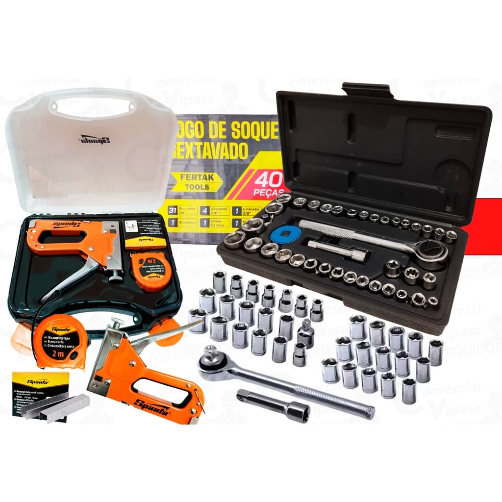 Kit Jogo Ferramentas 43 Peças Com Chave Catraca Reversível Soquetes Grampeador Tapeceiro Trena Top