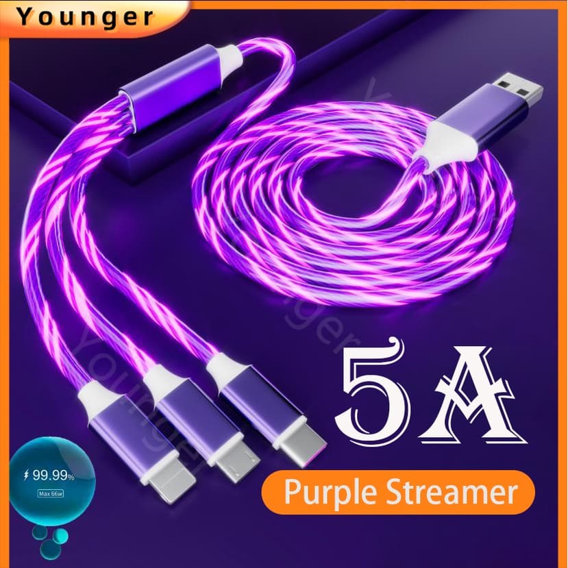 Novo Cabo USB De 2 Metros De Luz De Fluxo De LED 3 Em 1 1.2M De Carregamento Rápido Do Streamer De Carro 5A Luminoso De Dados Brilhantes