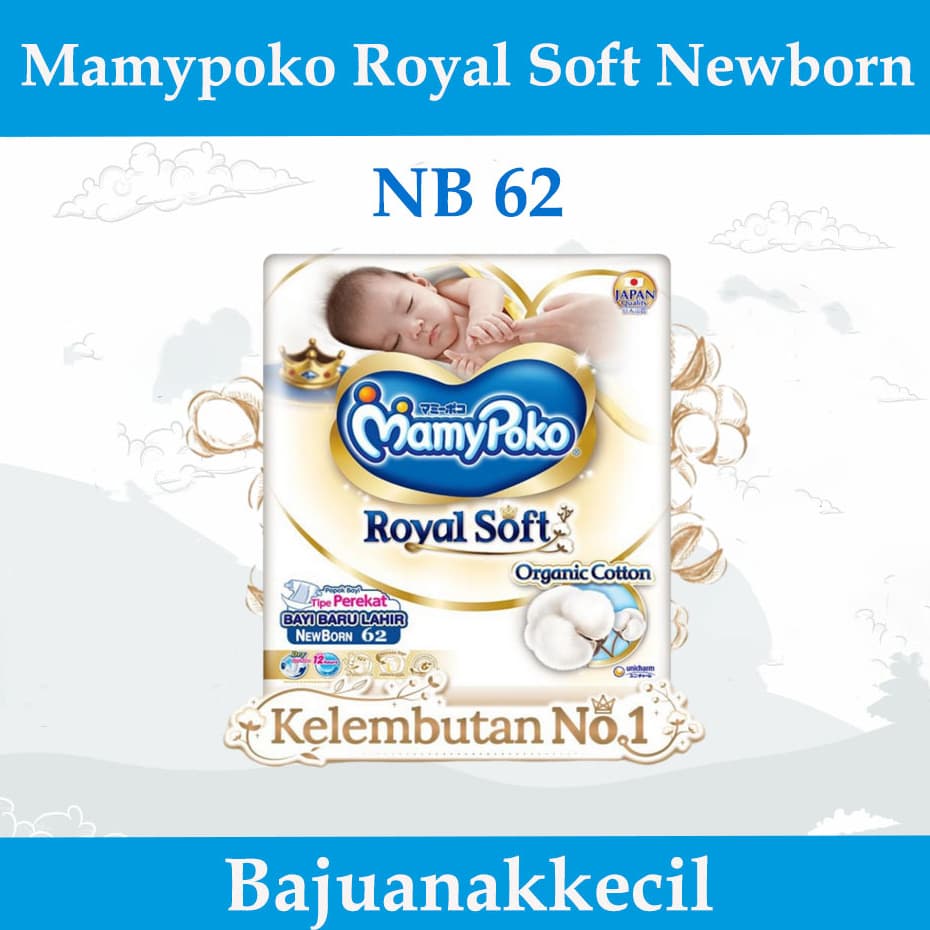 Mamypoko Royal Soft NB 62 Fita Adesiva Para Recém-Nascidos De Algodão Orgânico Fraldas Descartáveis Bebês Premium