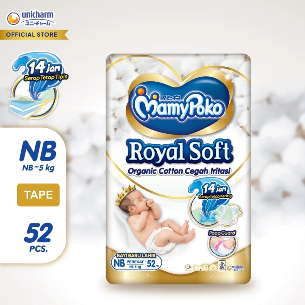 MamyPoko Royal Soft Baby Fraldas NB ~ 5 kg Fita 52 Unidades De Algodão Orgânico (Adesivas Para Bebês Recém-Nascidos)