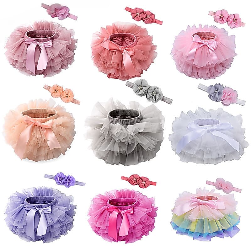 Rosa Princesa Bebê Meninas Tule Tutu Bloomers Infantil Recém-Nascido Fraldas Capa 2 Pçs Saias Curtas + Bandana Conjunto 