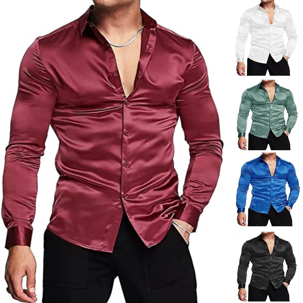Camisa Social Masculina De Cetim Seda Brilhante Manga Longa Cor Lisa Slim Para Casamento Banquete Festa Clube