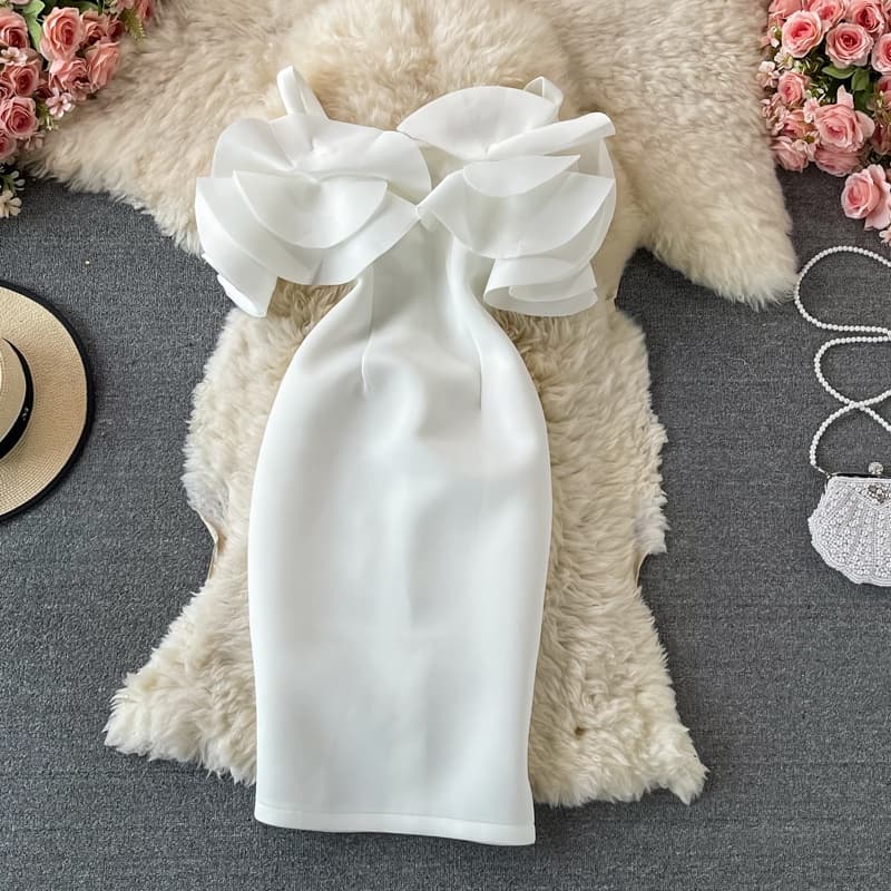 Vestido Francês Novo Feminino Elegante Festa Ruffle Sexu Off Shoulder Strapless Vestidos Femininos Midi Bodycon De Lápis