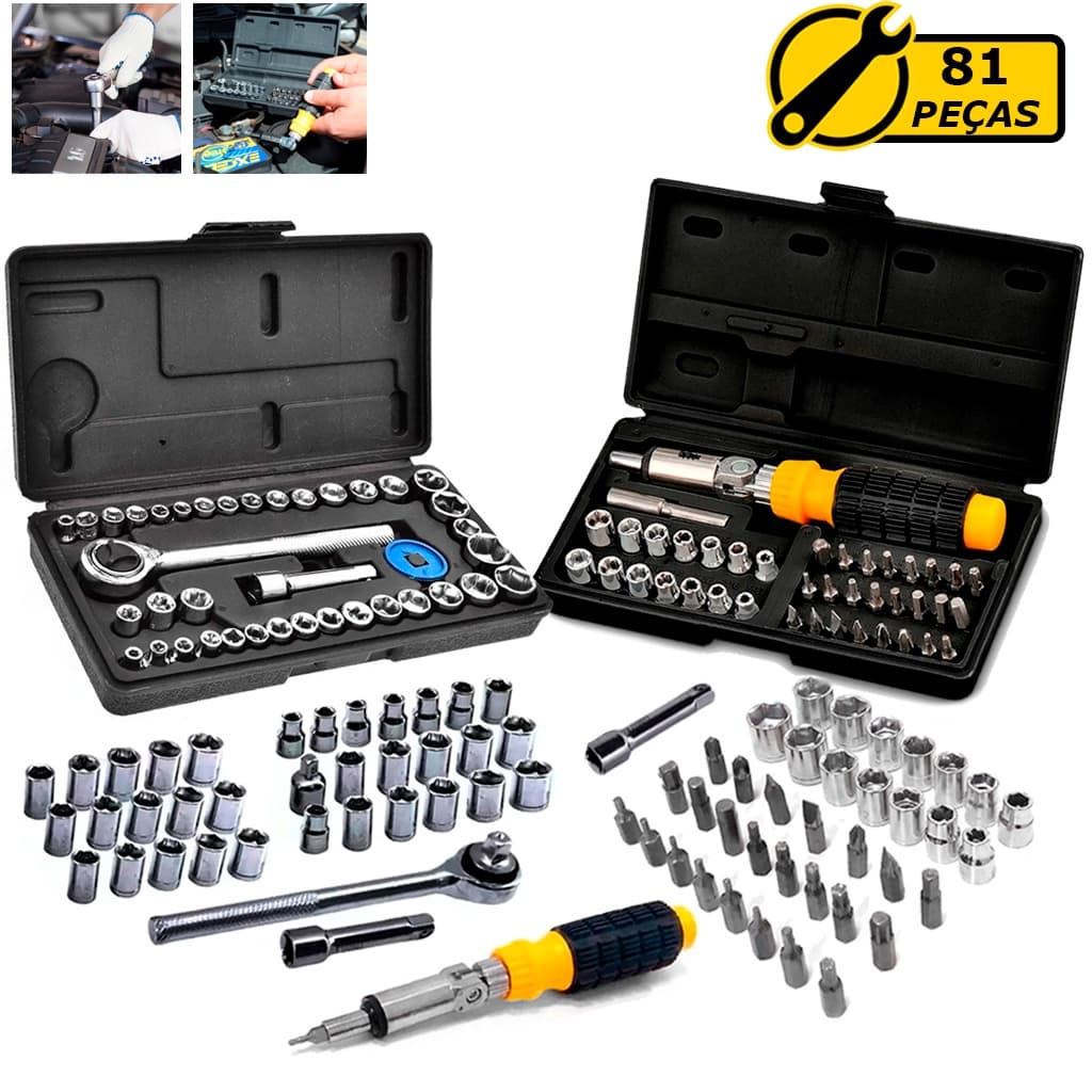 Kit Jogo Ferramentas  81 Peças Chave Catraca Reversível Soquetes Canhão Bits Aço Cromado Resistente