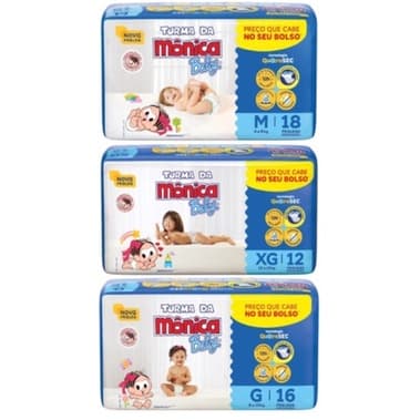 Kit com 6 Fraldas Descartáveis Turma da Mônica Baby QuatroSec Vários Tamanhos