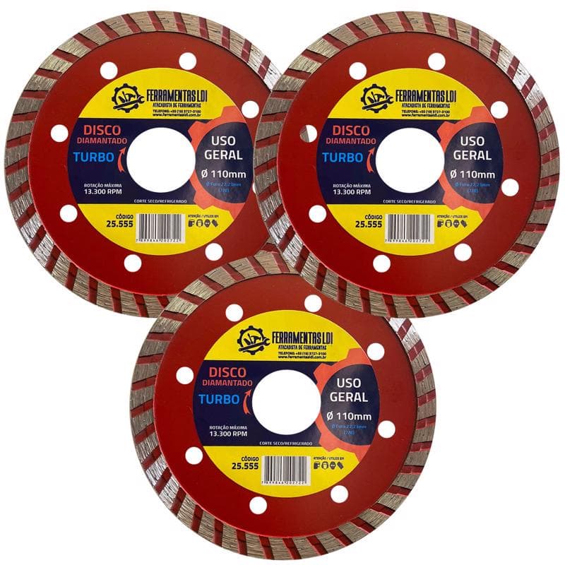 Kit 3 Disco Diamantado Concreto Turbo Para Esmerilhadeira Furo 22mm