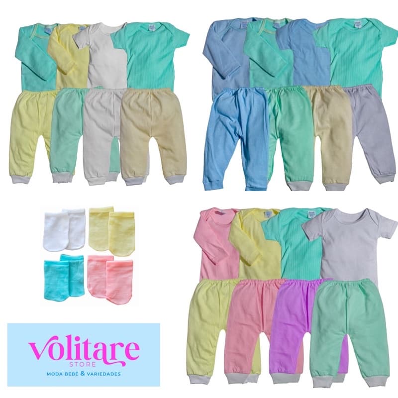 Kit c/ 25 peças Body Bebê + calça + meias Enxoval Maternidade Roupa de Bebê algodão.