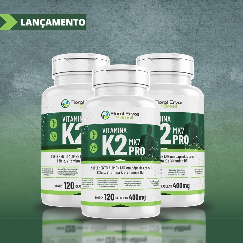 Vitamina K2 Mk7 PRO 400mg 120 Cápsulas + Cálcio + Vitamina D3 Menaquinona-7