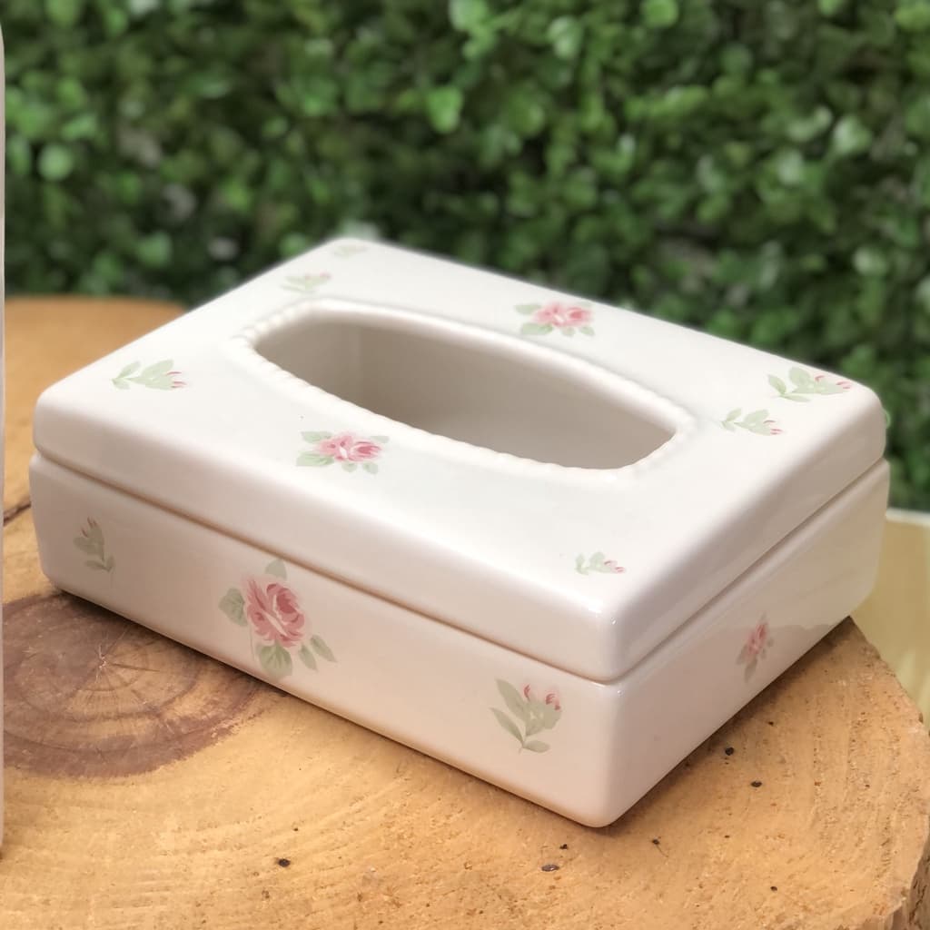 Caixa Porta Lenço Umedecido Porcelana para Kit Higiene Bebê ou Banheiro Floral Rosa