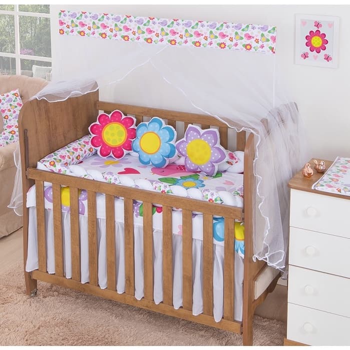 Kit Protetor Berço 11 peças Enxoval Bebe Menina Passarinhos