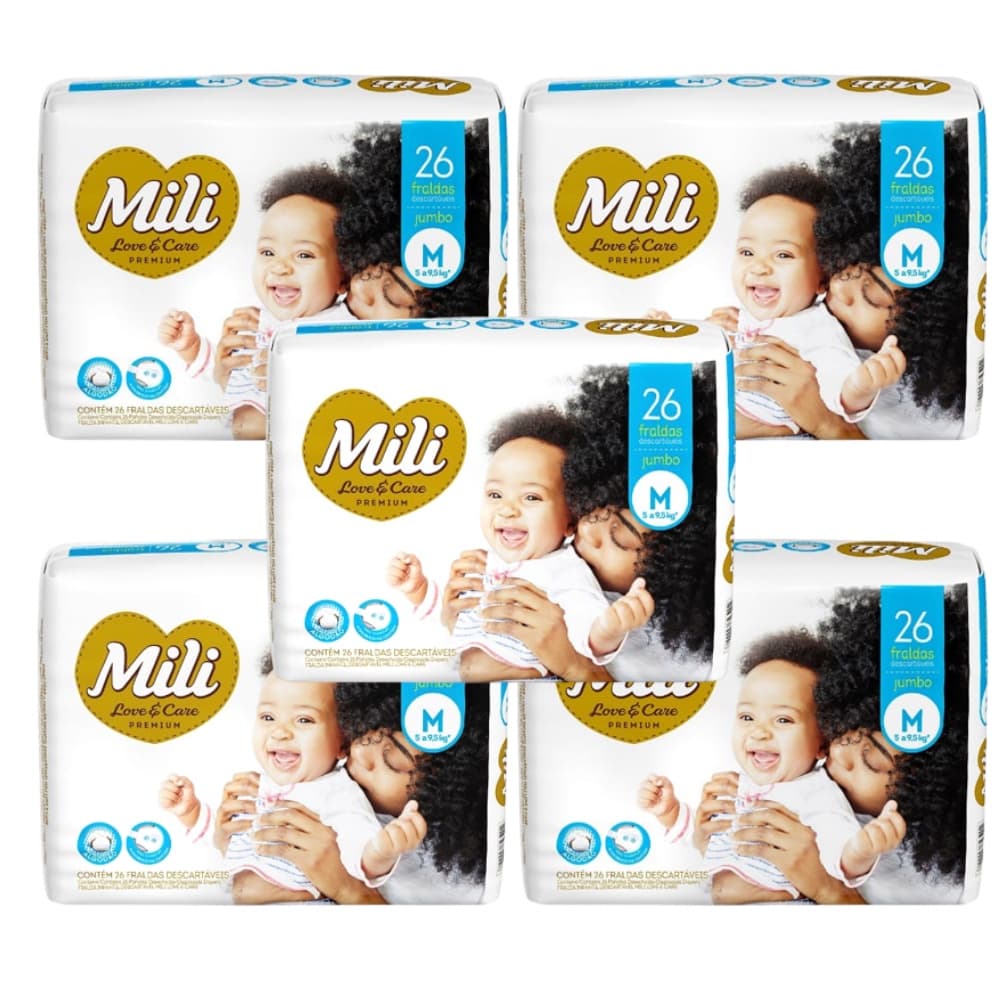 Fralda Descartável Mili- Love& Care Linha Premiun Tam: M  5 Pacotes c/26  (total=130 Fraldas)