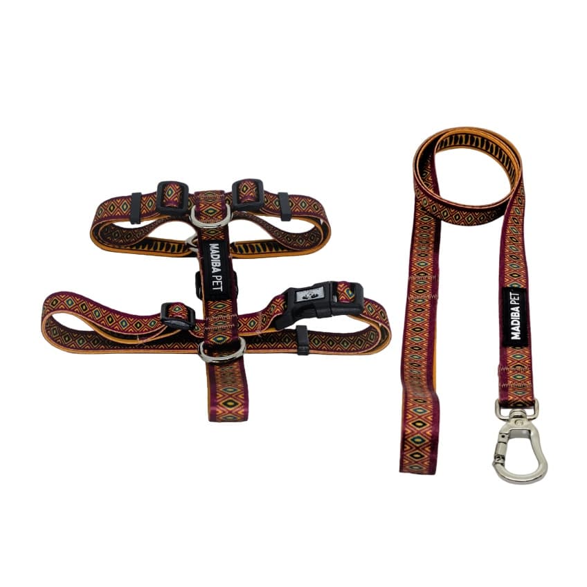 Kit Peitoral H e Guia de Passeio para Cachorros e Gatos - Estampa Africa Marrom II - Madiba Pet