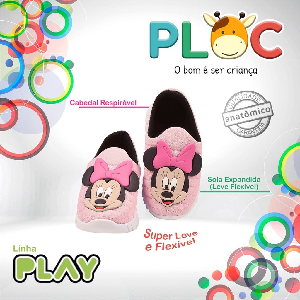 Tênis Infantil Menina Meia Calce Fácil Leve Flexível Confortável Anatômico PLOC P16 - MINNIE CARINHA LAÇO ROSA