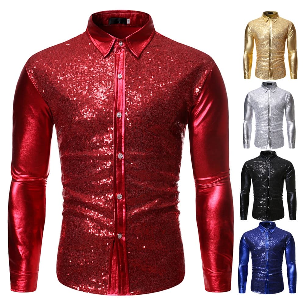 Camisa Social Masculina Brilho Paetê Lantejoulas De Manga Longa Slim Fit Para Casamento Festa Clube Mostrar Dança