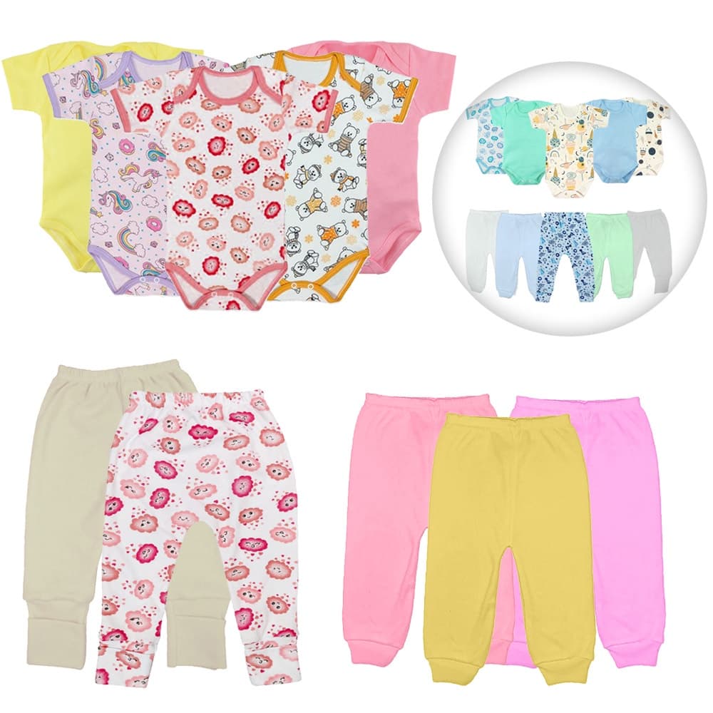 Kit 10 Peças Roupas de Bebê Body Manga Curta e Mijão Enxoval