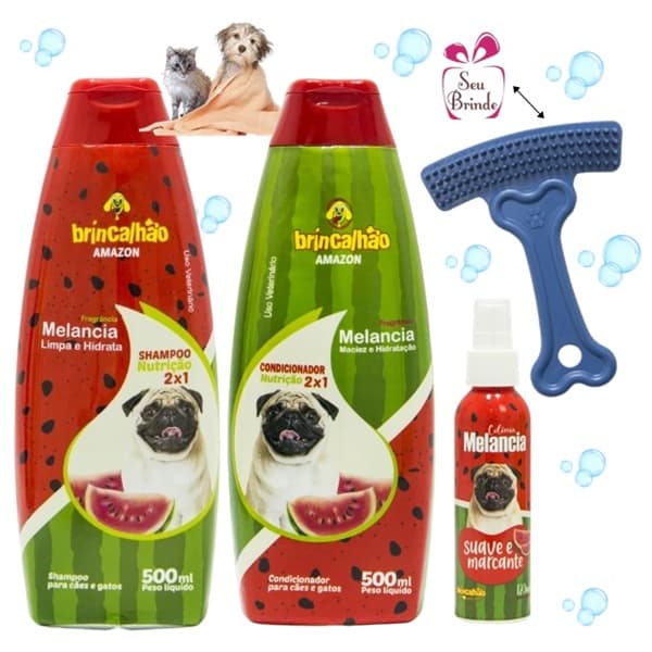 Kit Shampoo e Condicionador + Perfume para Cachorro e Gato Pet Melancia Brincalhão + PENTE PARA REMOVER OS PELOS