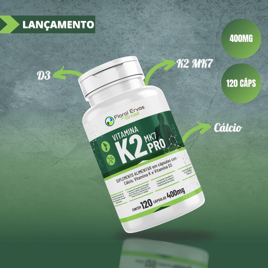 Vitamina K2 Mk7 PRO 400mg + Cálcio + Vitamina D3 120 Cápsulas Menaquinona-7 ACOMPANHA LAUDO TÉCNICO