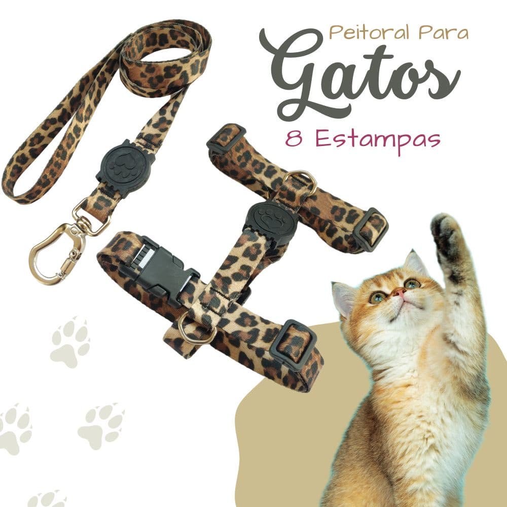Coleira Peitoral H Para Gatos com Guia e Trava de Segurança Dupla Rosqueada e com Mola