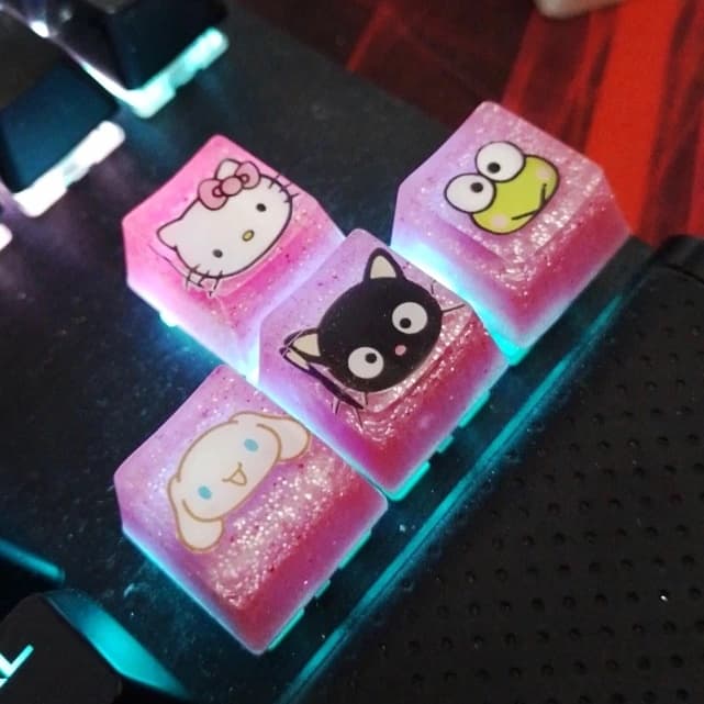 Kit 4 Keycaps Sanrio Hello Kitty Keropi Cinna Chococat de resina para teclado mecânico teclas
