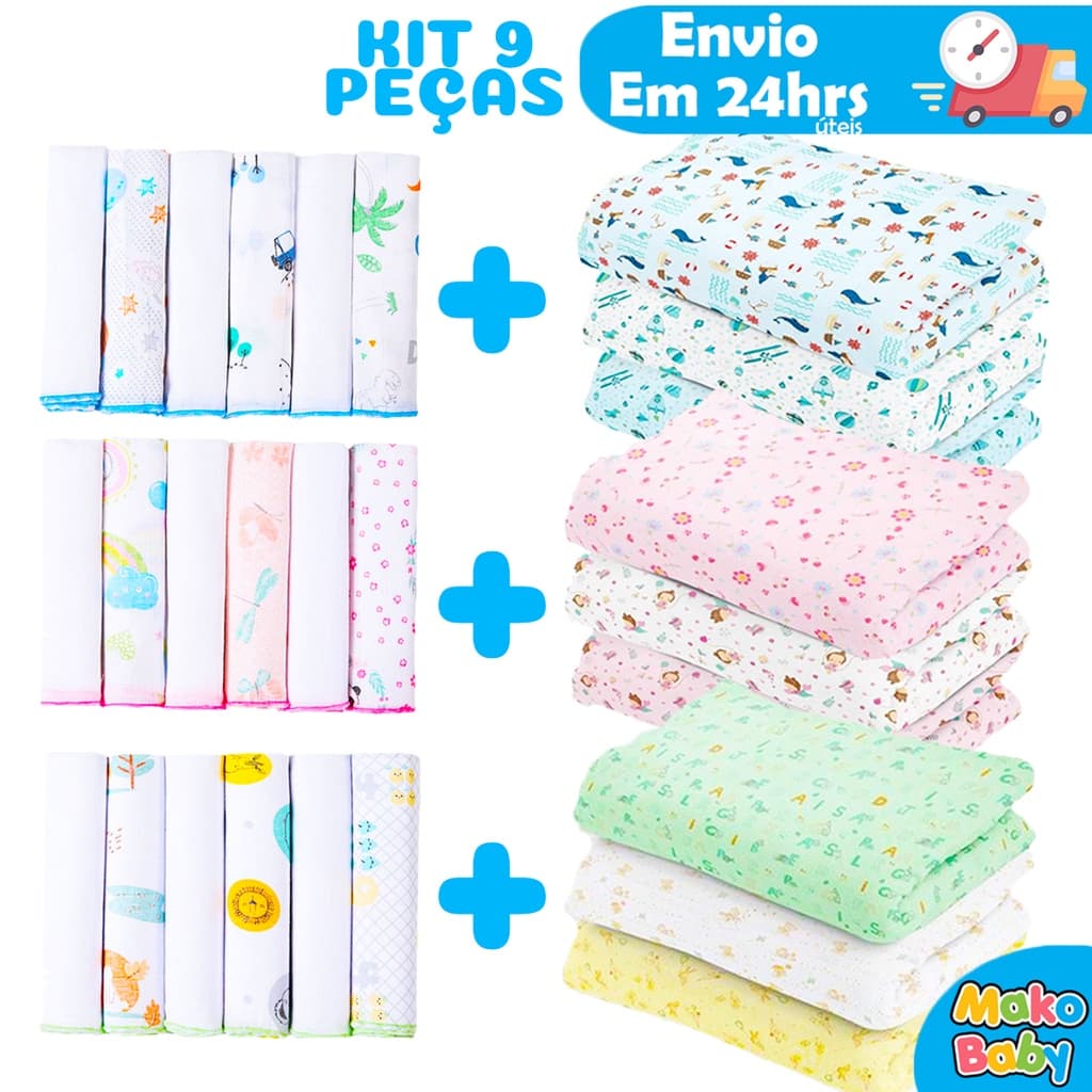 Kit 9 Peças Enxoval Bebe - 3 Cueiros Flanelados Estampados ou Lisos + 6 Paninho de boca 100% algodão
