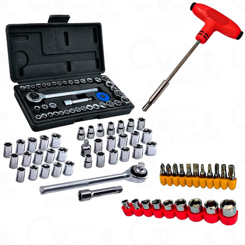 Kit Jogo De Ferramentas 61 Pçs Com Chave Catraca Soquetes Bits T Longa Cromado Aço Carbono
