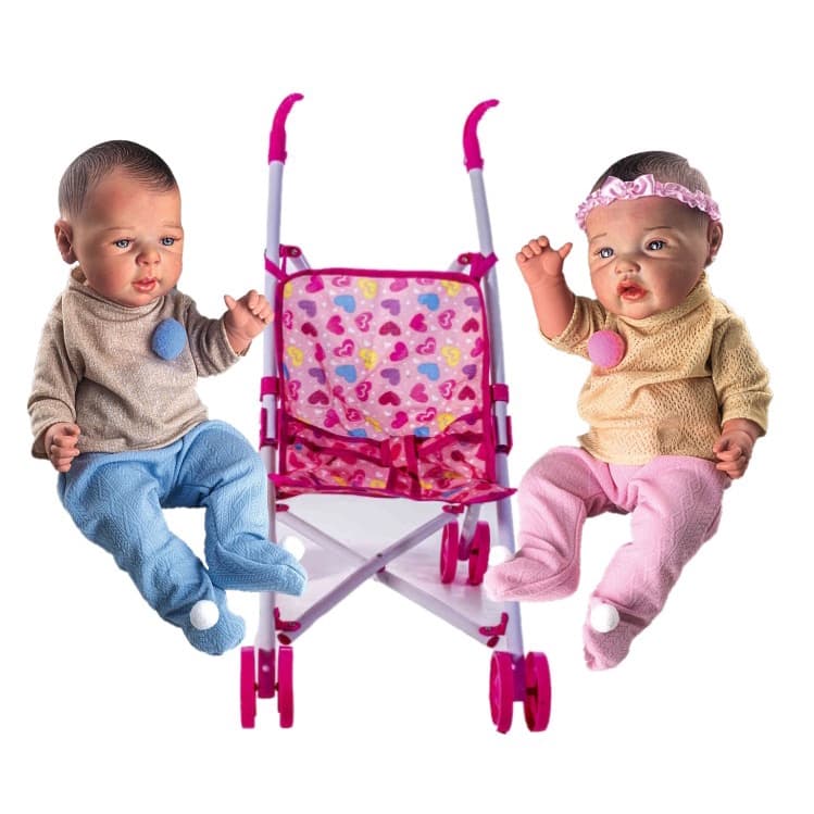 Kit Bebe Reborn Gêmeos Realista Mamadeira + Carrinho de Bebê