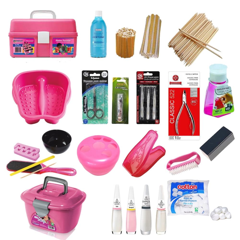 Kit Manicure Completo  Maleta Caixa Organizadora Feminina Esmaltes Impala E Maleta mini Lady box Outros Alicate Mundial 522 Estojo p/r Alicate  kit Pinça  Tesoura p/r Unha