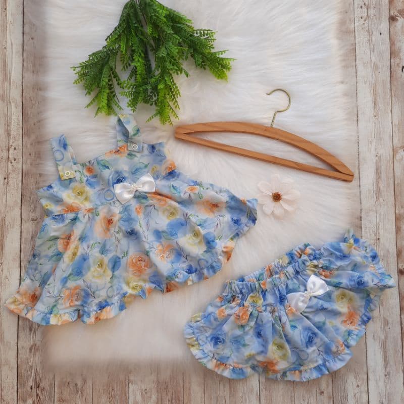 Conjunto Bata e Calcinha Bunda Rica Infantil Cobre Fralda Bebê Roupa de Menina Azul Verde
