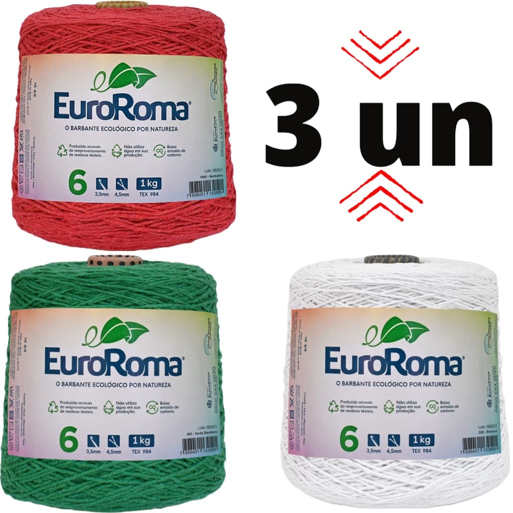 Kit de 3 Barbantes 1 Kilo Ordem 6 Colorido 1016 Metros Para Crochê Euroroma